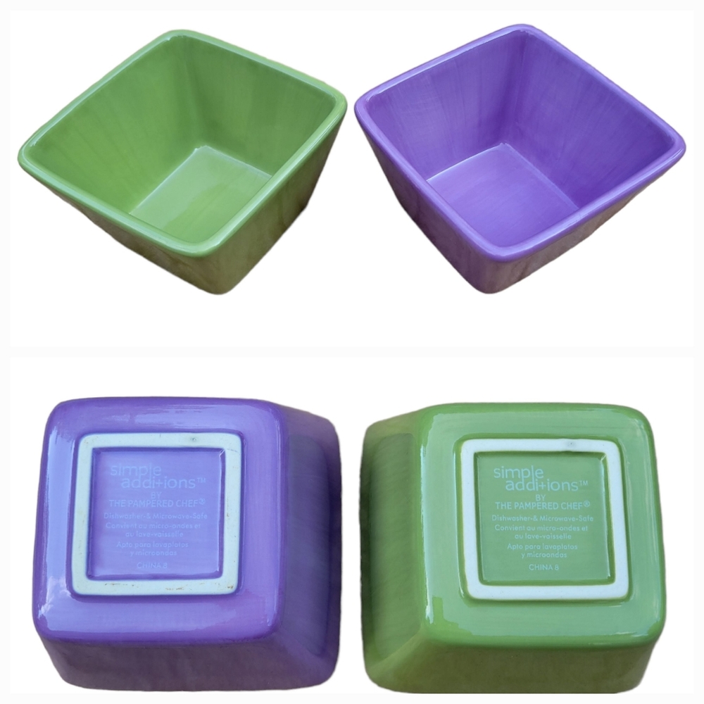 2PC Set Simple Additions Green Purple Small Square Bowl Sz 4"×4"×2.5"